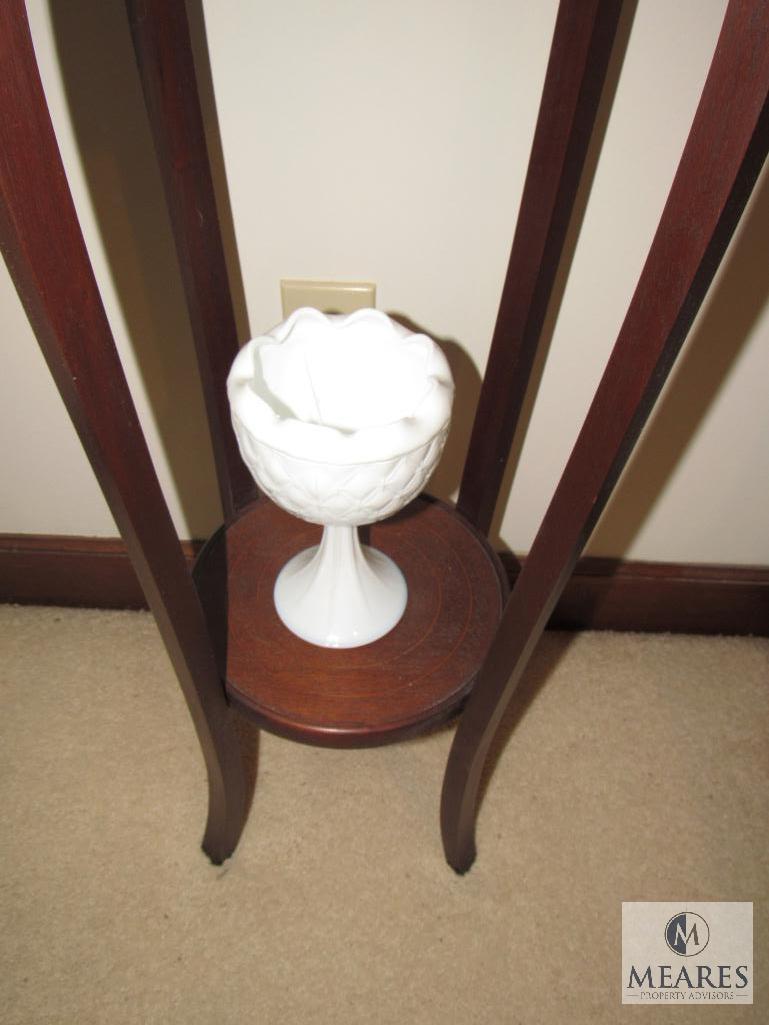 Wood Vintage Round Plant Stand w/ Shelf & White Porcelain Decorative Vases