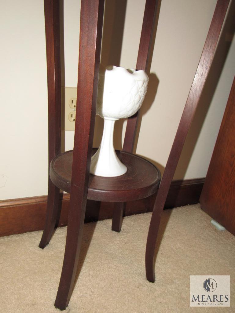 Wood Vintage Round Plant Stand w/ Shelf & White Porcelain Decorative Vases