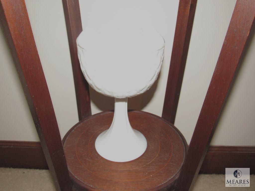 Wood Vintage Round Plant Stand w/ Shelf & White Porcelain Decorative Vases