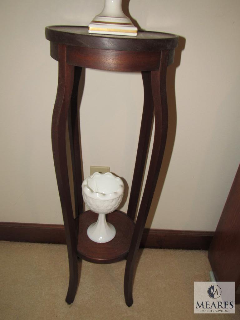 Wood Vintage Round Plant Stand w/ Shelf & White Porcelain Decorative Vases