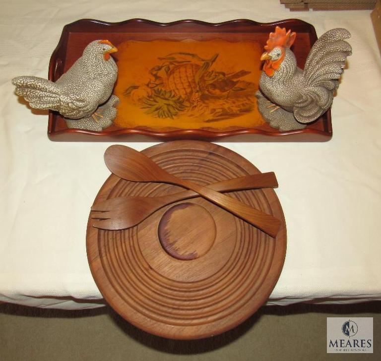 Wood Serving Tray, Round Tray, Salad Serving Set & Ceramic Rooster & Chicken Set