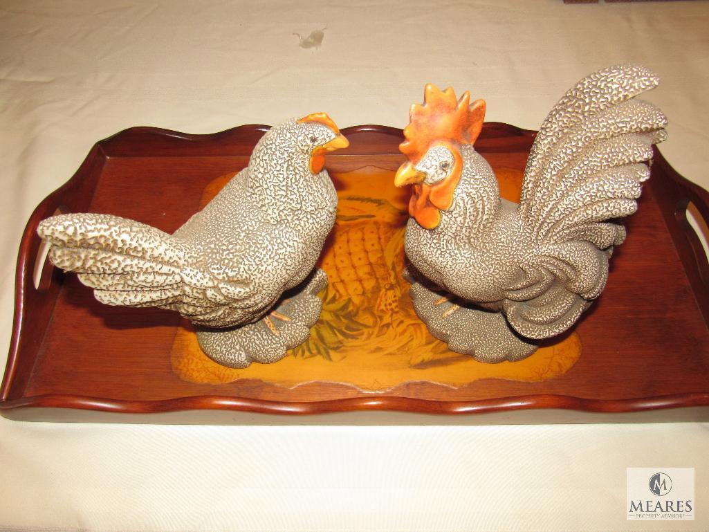 Wood Serving Tray, Round Tray, Salad Serving Set & Ceramic Rooster & Chicken Set