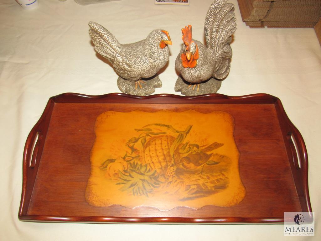 Wood Serving Tray, Round Tray, Salad Serving Set & Ceramic Rooster & Chicken Set
