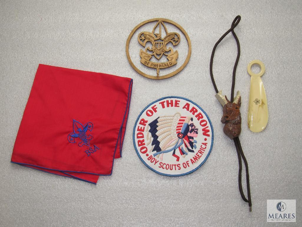 Lot BSA Handkerchief, Order of Arrow 6" Patch, Bolo Tie & Scout Shoe Horn