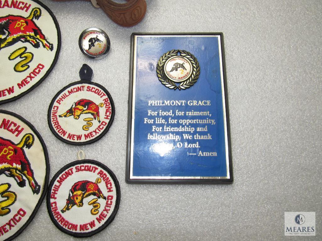 Lot Vintage Philmont Ranch BSA Patches, Plaque, Bolo Tie, & Leather Belt