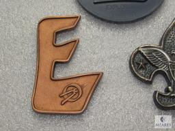 Lot 2 Metal (brass ?) Emblems 1 BSA & 1 Vintage Explorer E & Plastic Explorer Coaster