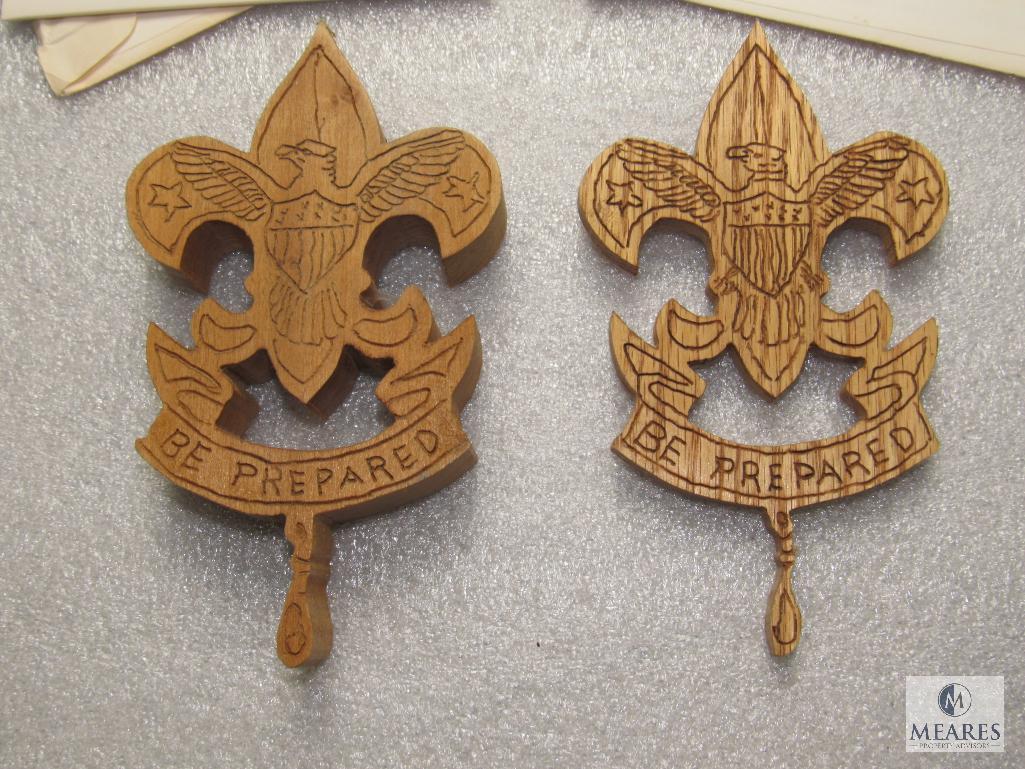 Lot 2 Vintage Greeting Cards w/ Cub & Boy Scout Brass Ornaments & 2 Wood Carvings