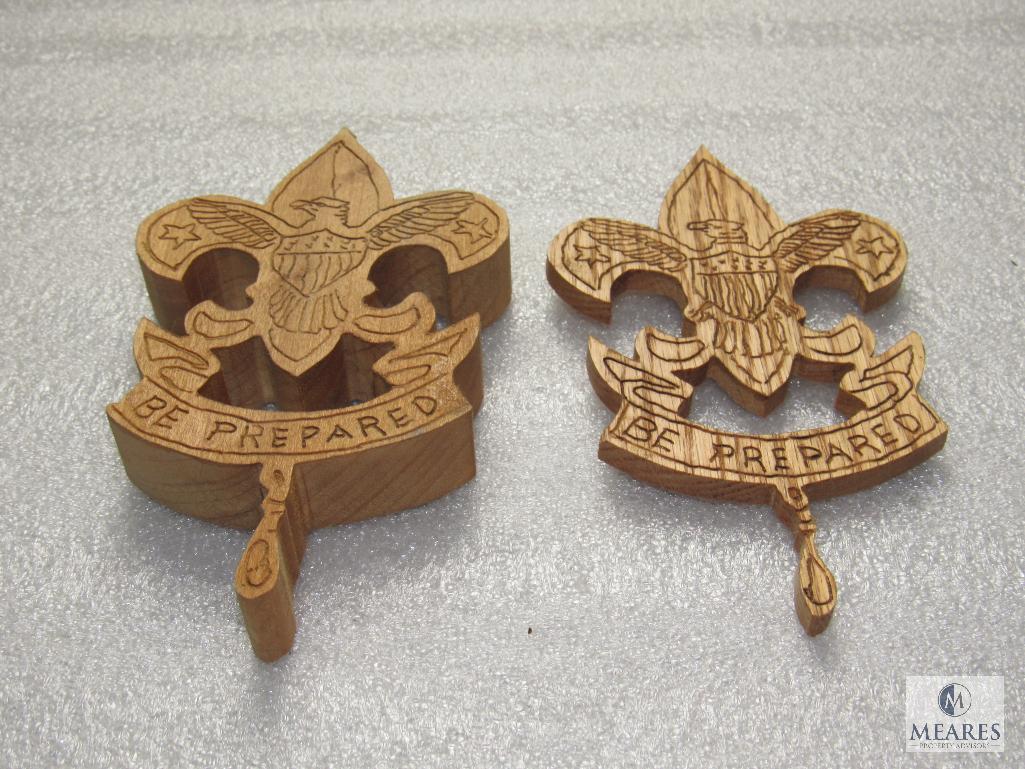 Lot 2 Vintage Greeting Cards w/ Cub & Boy Scout Brass Ornaments & 2 Wood Carvings