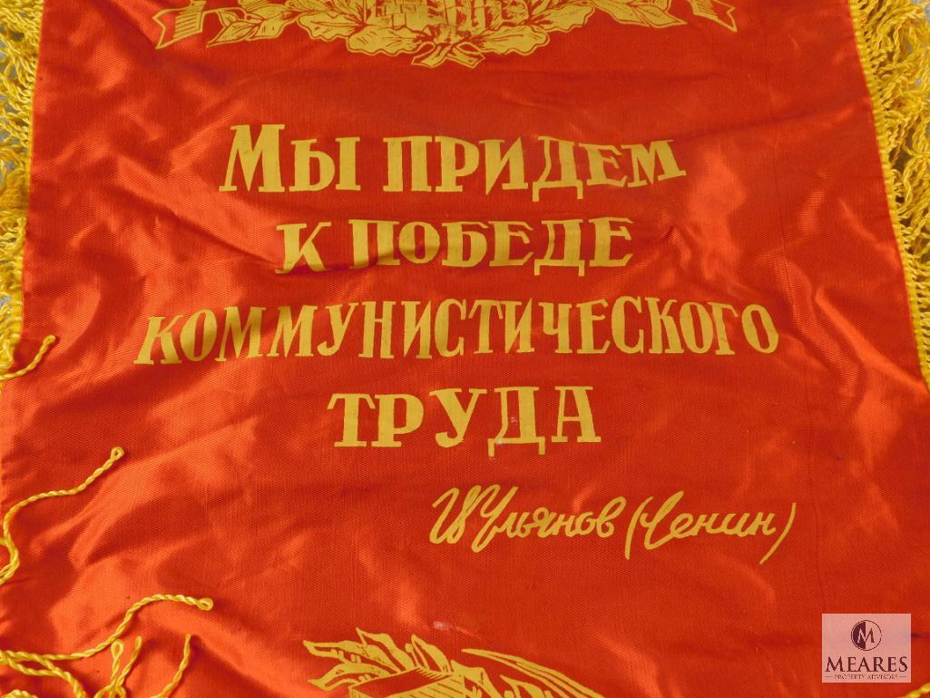 Vintage Soviet Union Banner Sign Tasseled 25" x 14" & Triangle Banner - Lenin quote