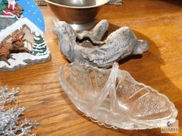 Lot Vintage Christmas Decorations, Glass & Tin Bowl