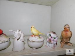 Shelf Lot Porcelain Bird Figurines & Trinket Holders