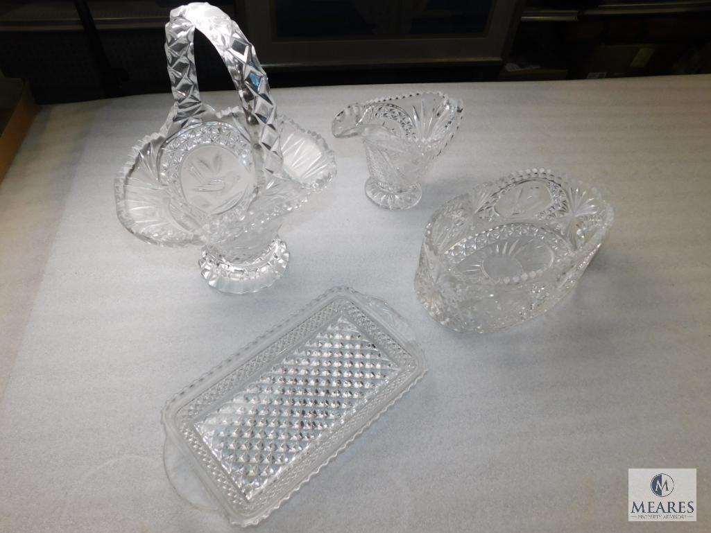 Lot 4 Crystal Cut Clear Glass Dishes; Basket, Tray, Creamer, and Bowl