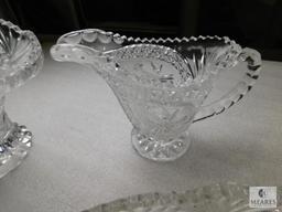 Lot 4 Crystal Cut Clear Glass Dishes; Basket, Tray, Creamer, and Bowl