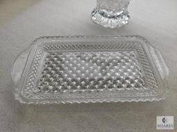 Lot 4 Crystal Cut Clear Glass Dishes; Basket, Tray, Creamer, and Bowl