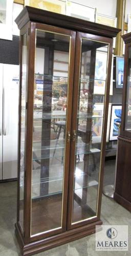 Mirrored Back Display Cabinet 2 Door Wood w/ Glass Shelves & Interior Lighting