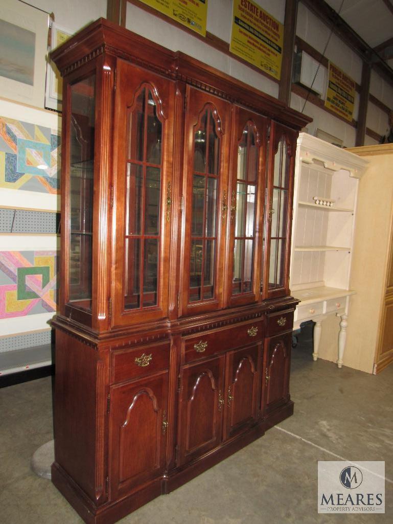 Large Wood China Cabinet with Mirrored Back, Interior Lighting, and Glass Shelves