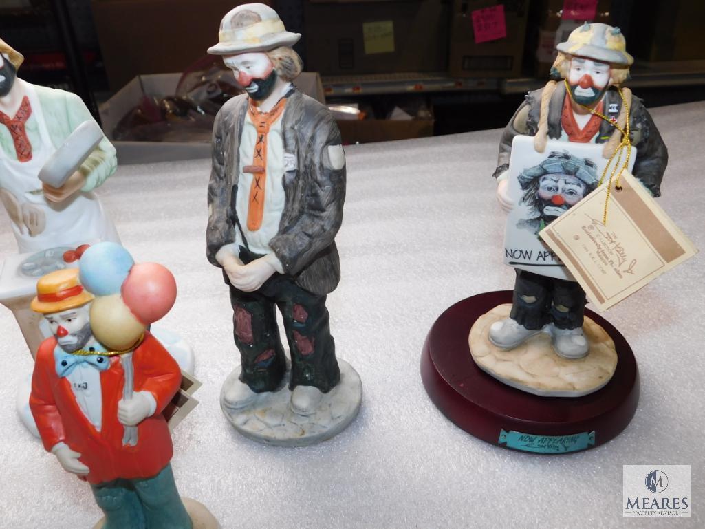 Lot 5 Flambro Emmett Kelly Clown (1 Signed on bottom, 1 Musical) Porcelain Collectible Figurines