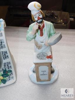 Lot 5 Flambro Emmett Kelly Clown (1 Signed on bottom, 1 Musical) Porcelain Collectible Figurines