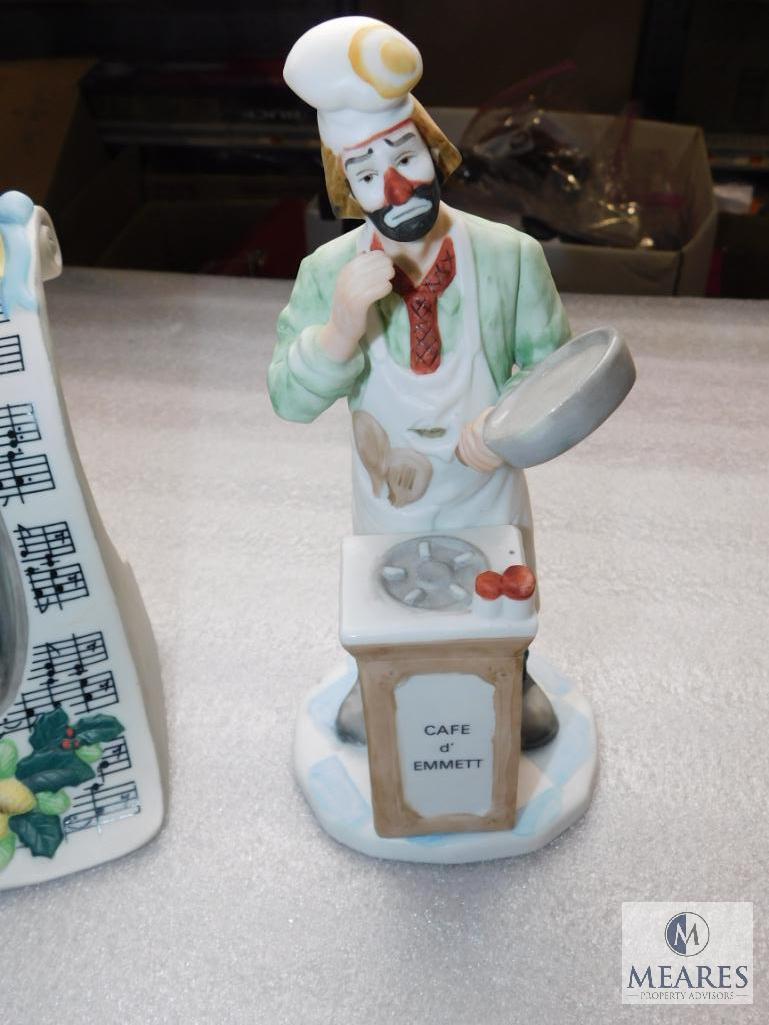 Lot 5 Flambro Emmett Kelly Clown (1 Signed on bottom, 1 Musical) Porcelain Collectible Figurines