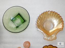 Lot of Pink Depression Glass Pieces, Orange Carnival Glass Trays, Green Glass Bowl, & Gold Tone Bowl