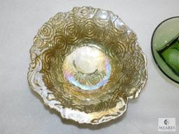 Lot of Pink Depression Glass Pieces, Orange Carnival Glass Trays, Green Glass Bowl, & Gold Tone Bowl