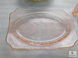Lot of Pink Depression Glass Pieces, Orange Carnival Glass Trays, Green Glass Bowl, & Gold Tone Bowl