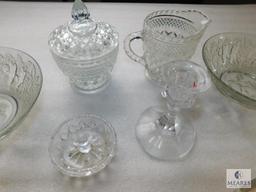 Lot of Clear Glass or Crystal Bowls, Creamer & Sugar Dish, Candle Stick, & Ring Holder