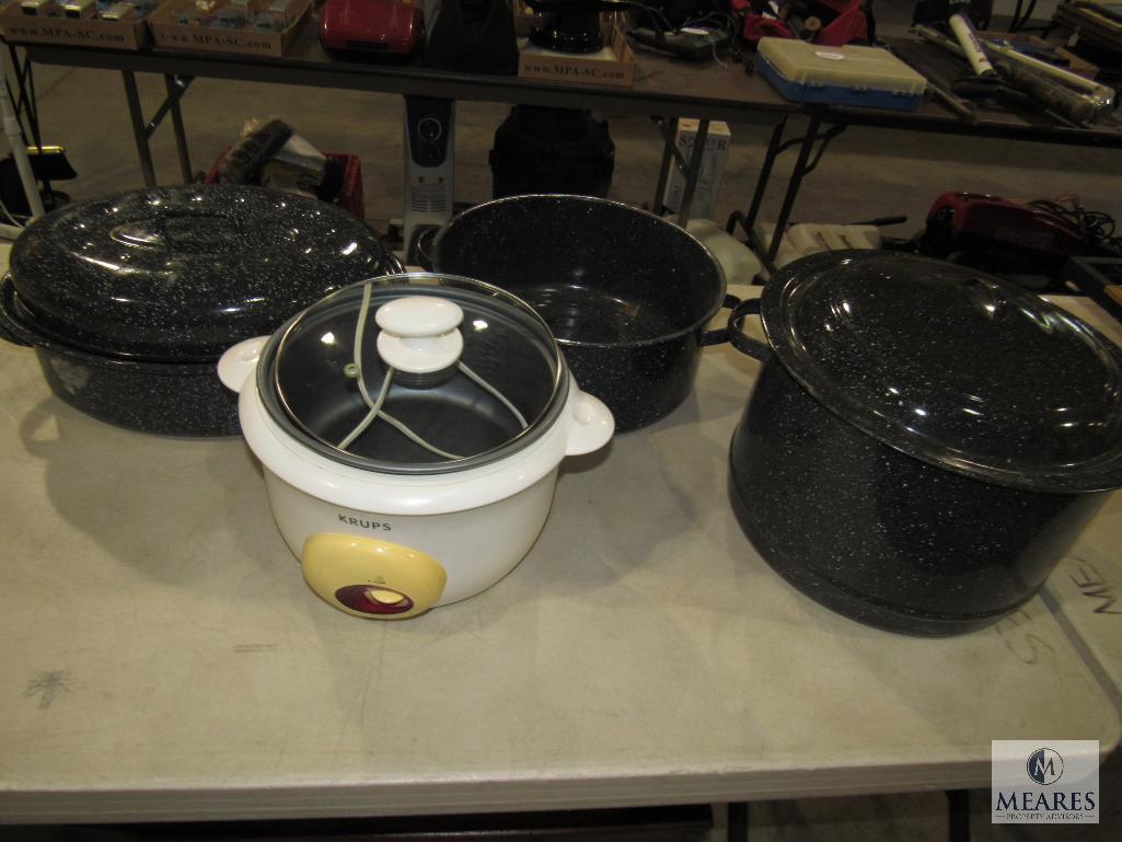 Lot Tin Large Steamer Pot & Roasting Pan & Krups Crock Pot