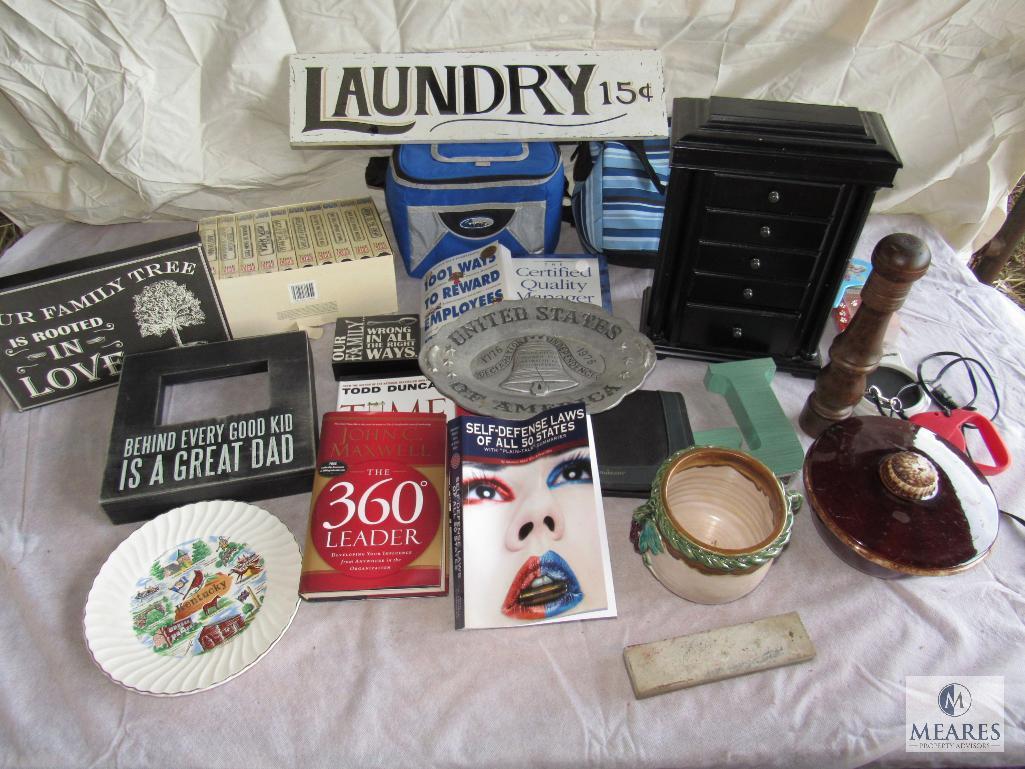 Lot of Assorted items, Jewelry box, lunch bags, WWII VHS series, Books etc.