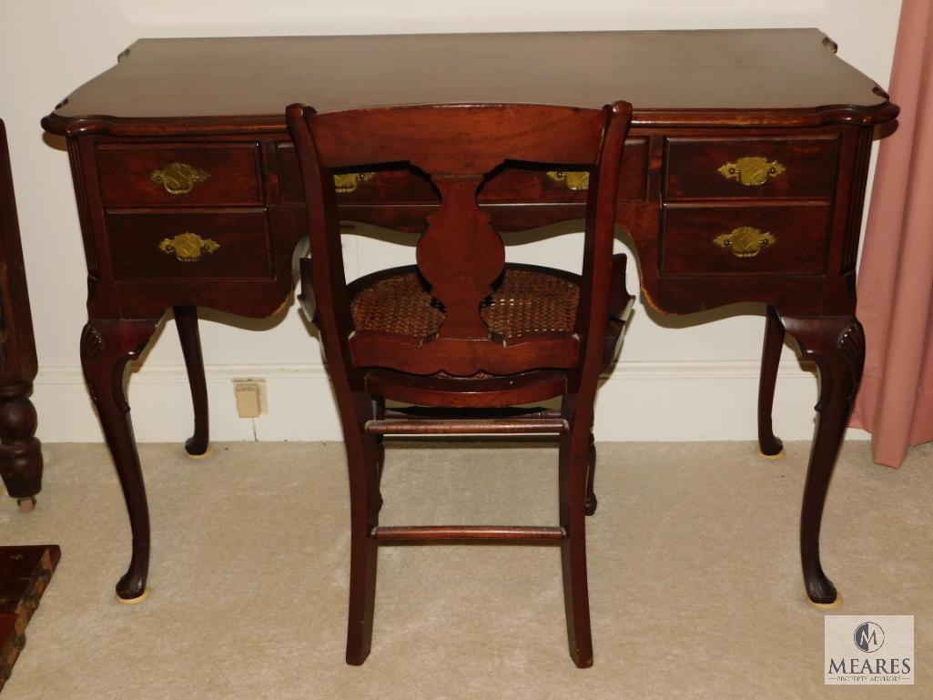 Antique wood writing desk & Chippendale cane bottom chair