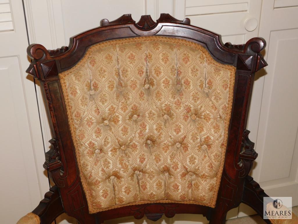 Antique wood carved Tufted upholstery Arm Chair side / occasional