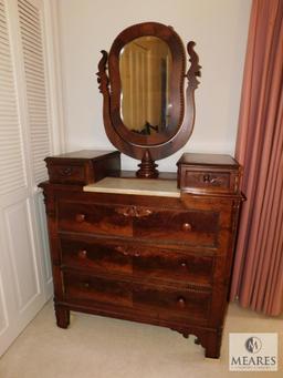 Antique wood dresser 2 over 3 with Swivel Mirror and Marble centerpiece