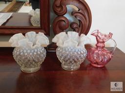 Lot 3 possibly Fenton Hobnail Opaque Vases and 1 Cranberry pitcher