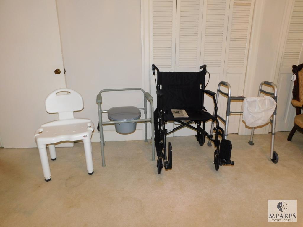 Lot medical / handicap supplies wheelchair, walker, shower seat, bedside potty
