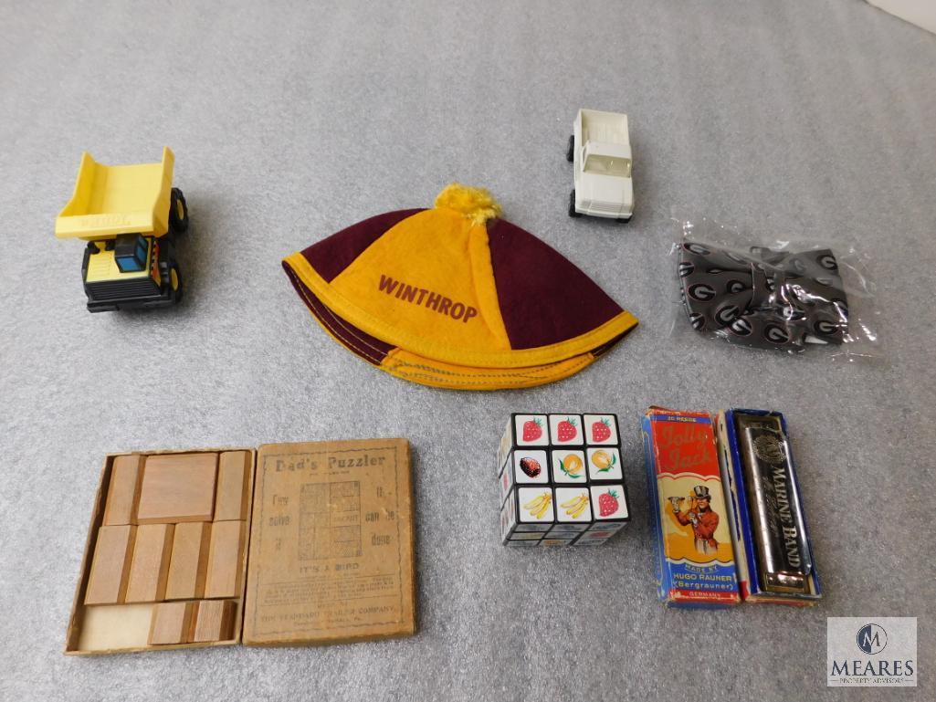 Lot Vintage Toys Tonka Dump Truck, Jolly Jack Marine Band Harmonica, Dad's Puzzler, & New Georgia