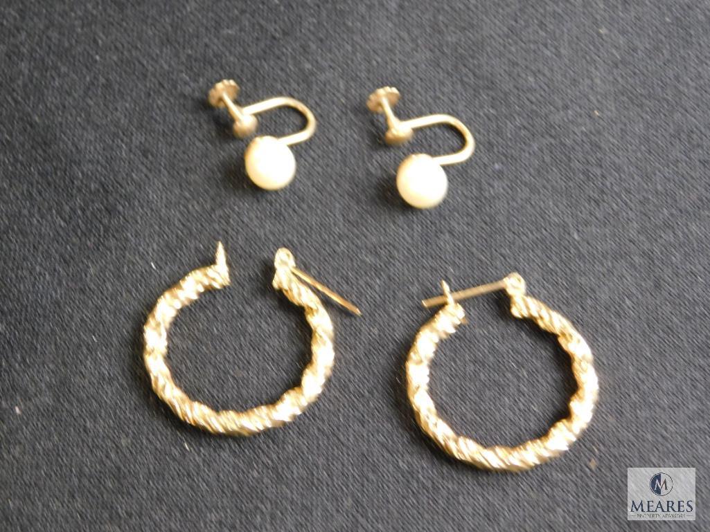 14k hoop earrings (pierced) and pearl earrings set in 14k screw bag