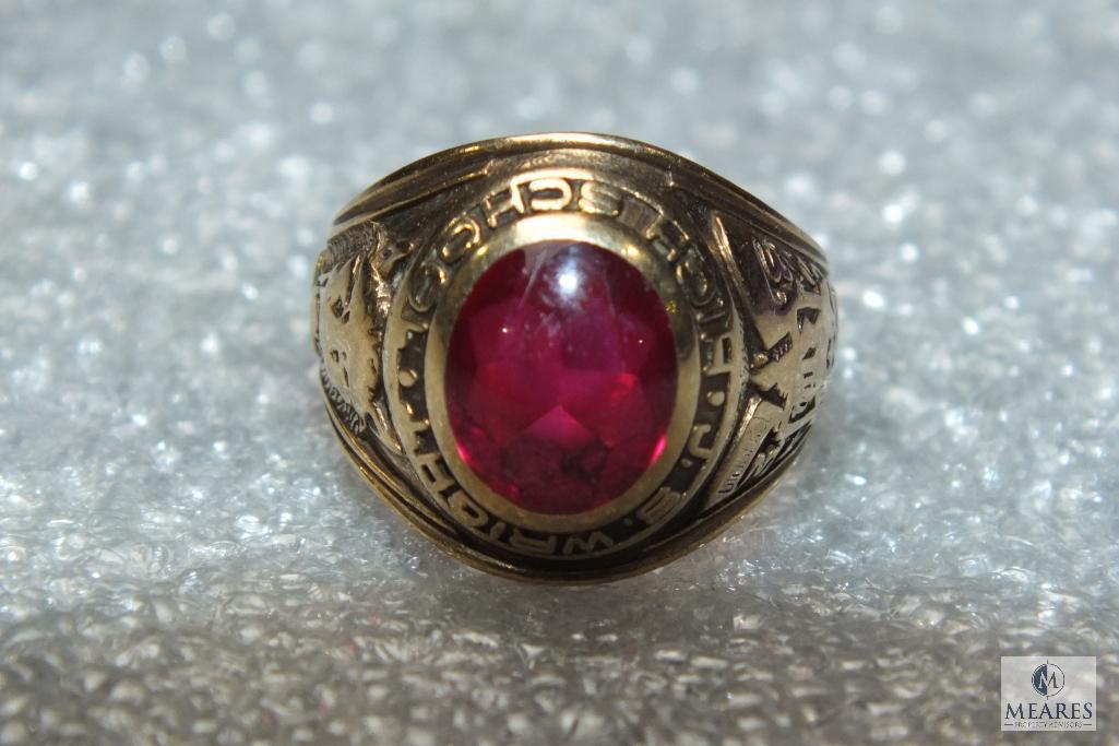 10K Gold J.S. Wright High School Ring 1957 Red Stone