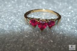 10K Gold Ladies Ring with Red Heart Shaped Stones w/ Diamonds