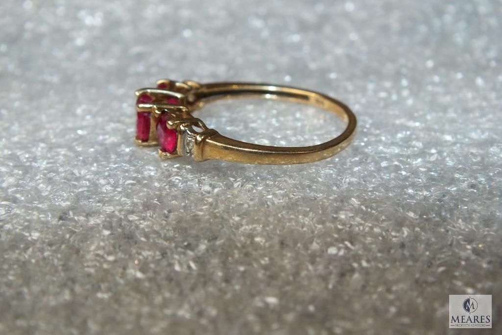 10K Gold Ladies Ring with Red Heart Shaped Stones w/ Diamonds