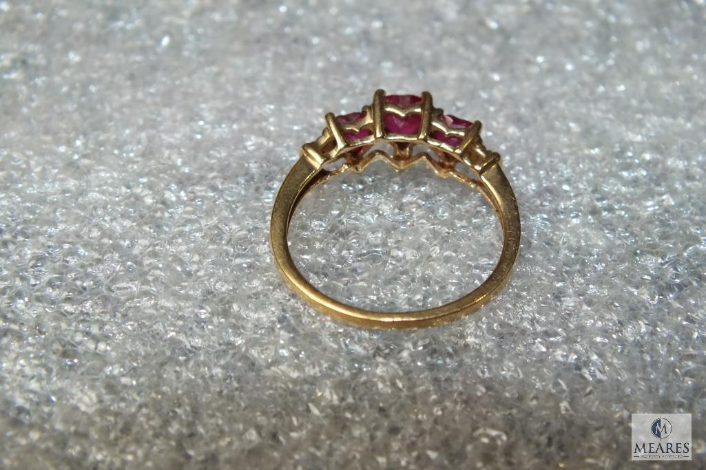 10K Gold Ladies Ring with Red Heart Shaped Stones w/ Diamonds