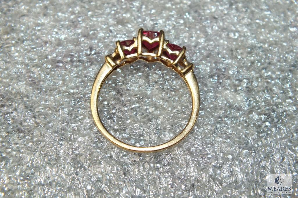 10K Gold Ladies Ring with Red Heart Shaped Stones w/ Diamonds