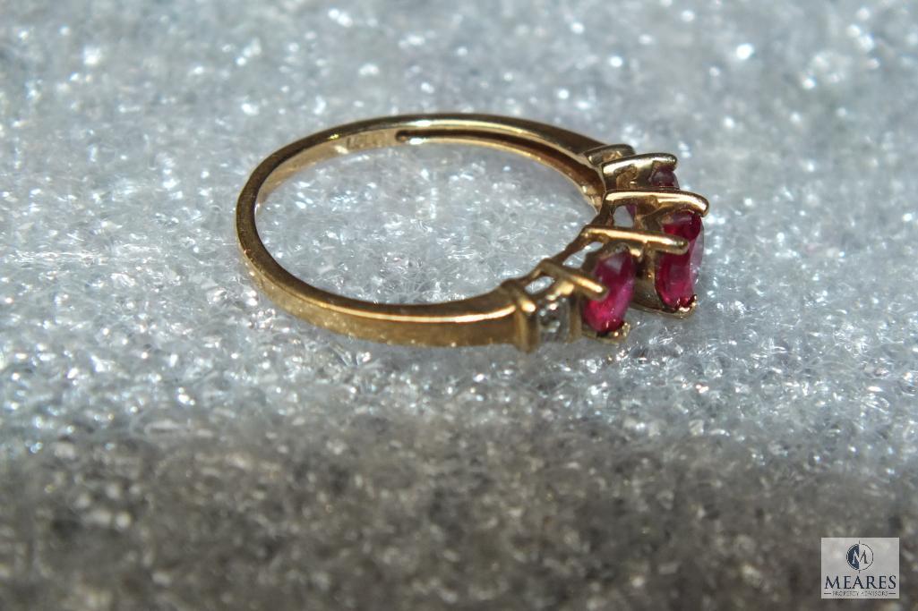 10K Gold Ladies Ring with Red Heart Shaped Stones w/ Diamonds