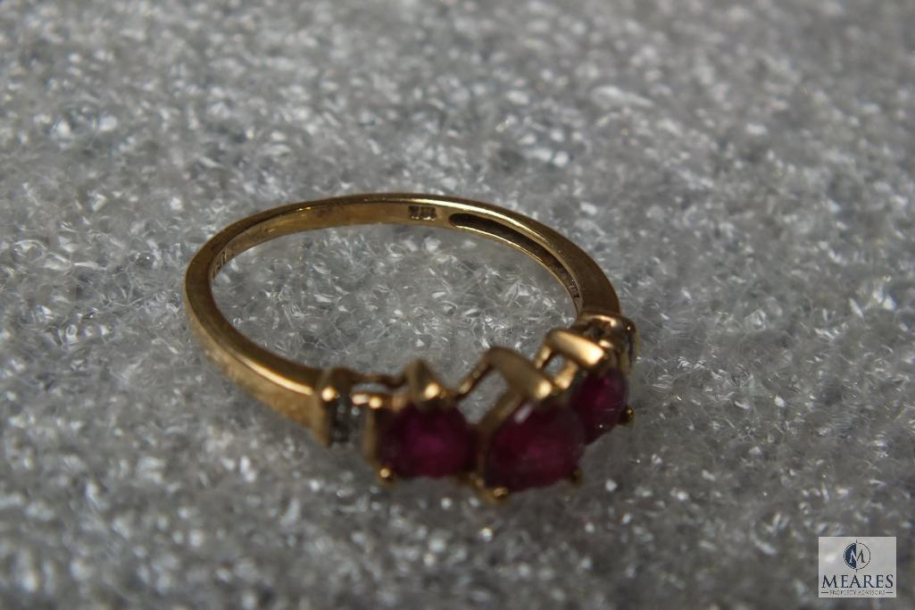 10K Gold Ladies Ring with Red Heart Shaped Stones w/ Diamonds