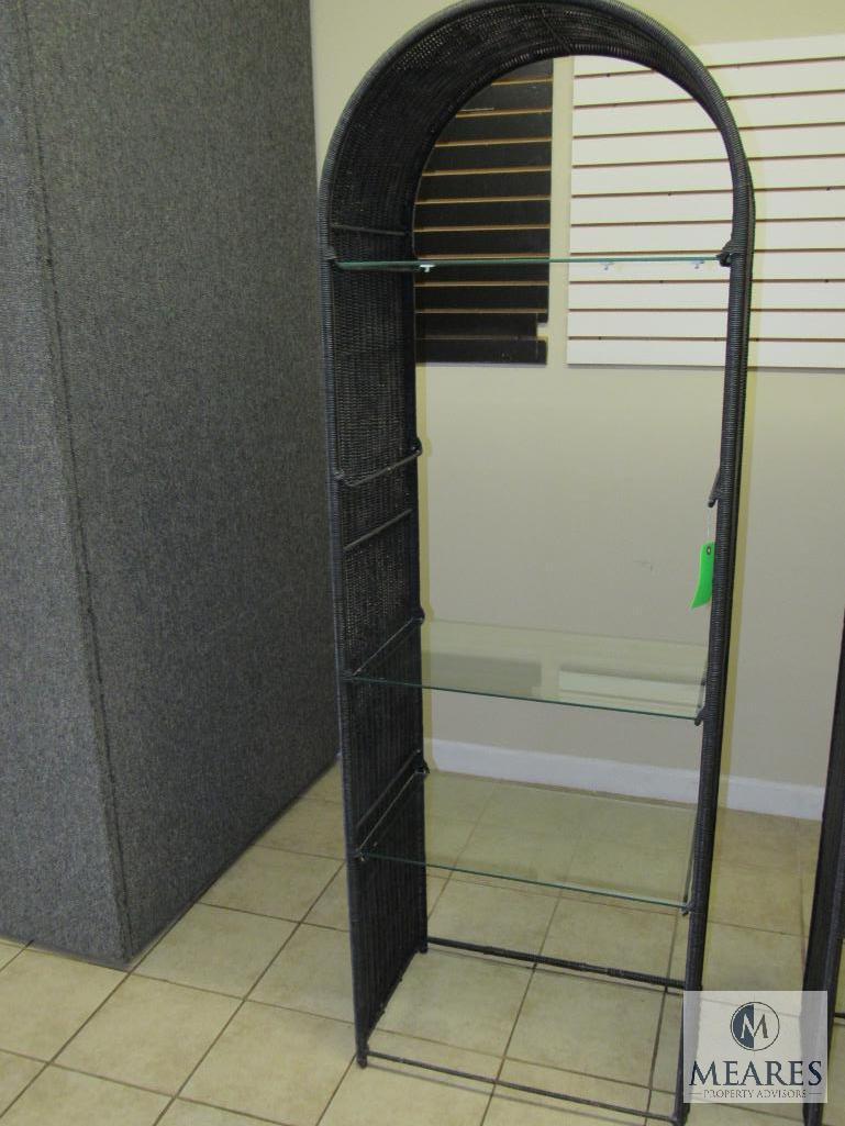 Black wicker shelf with glass shelves