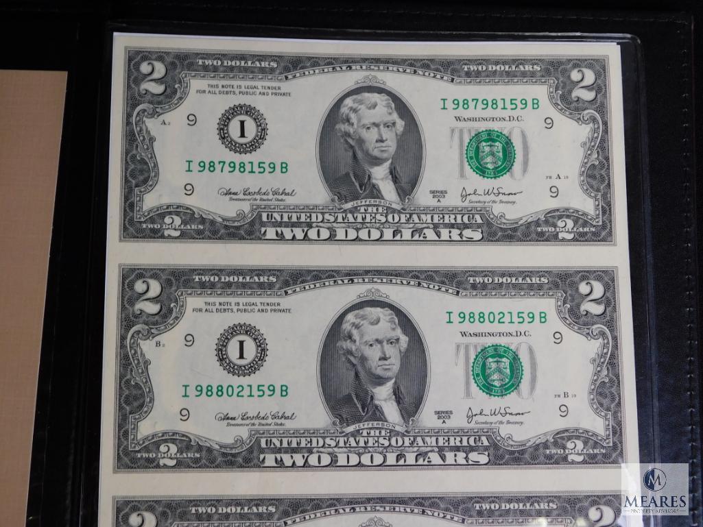 One US Government Issued Uncut Sheet of $2 Bills & Certificate of Ownership