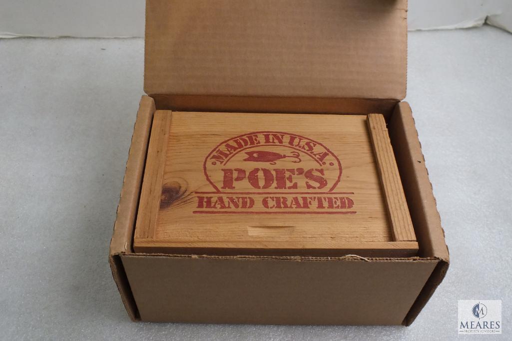 4 Poes Hand Crafted Fishing Lures in wood Box