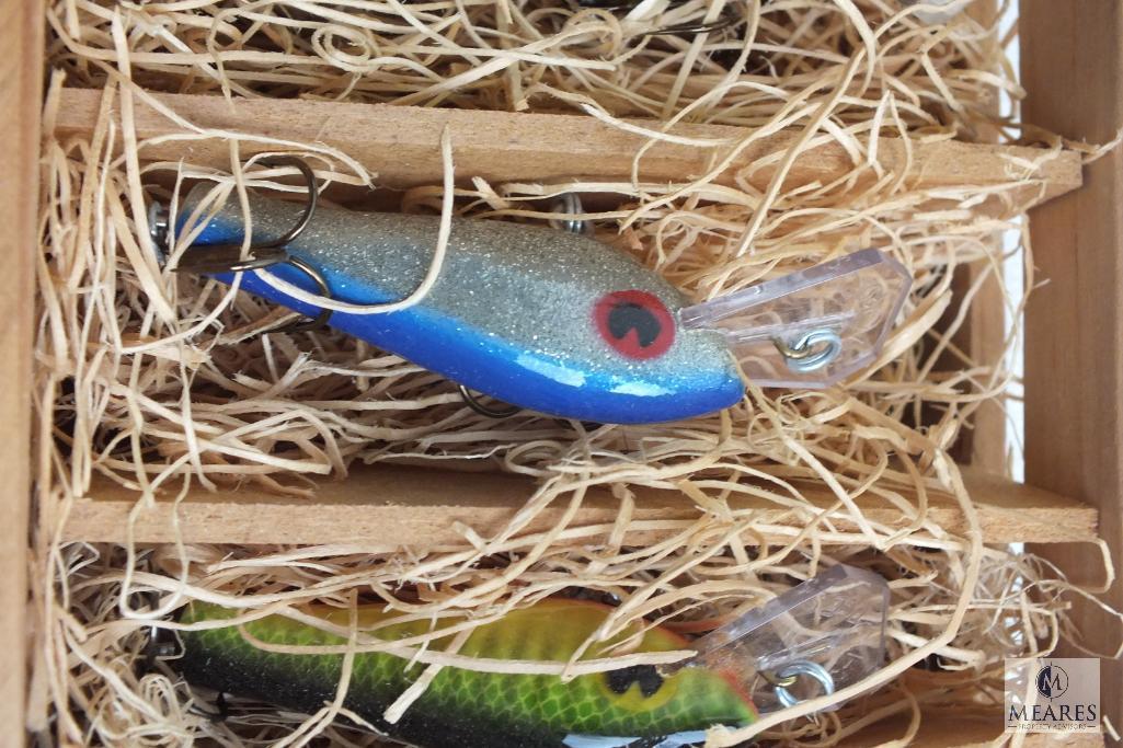 4 Poes Hand Crafted Fishing Lures in wood Box