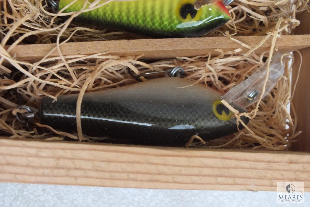 4 Poes Hand Crafted Fishing Lures in wood Box
