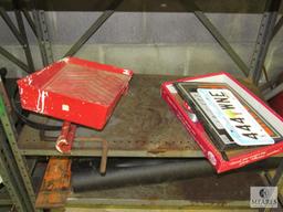 Metal shelf with contents Oil pan, License plates, Oil, +