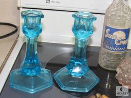 Lot Vintage Glass Perfume Bottles, Sun Crest bottle, & Candle Holders